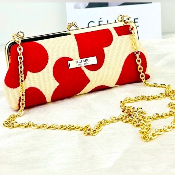 MIU MIU White w/Large Red Hearts Clutch /Bag / Pochette & Chain. Authentic. NIB - Picture 1 of 6